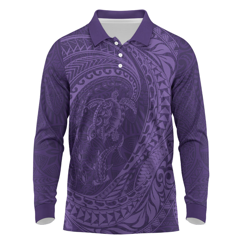 Hawaiian Turtle and Shark Long Sleeve Polo Shirt Kakau Tribal with Polynesian Pattern Purple Color