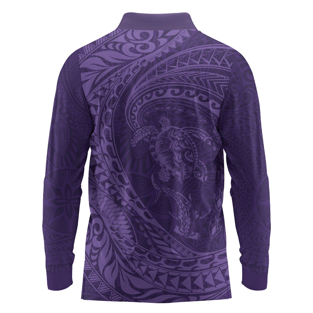 Hawaiian Turtle and Shark Long Sleeve Polo Shirt Kakau Tribal with Polynesian Pattern Purple Color