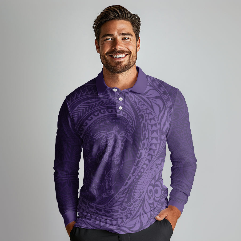 Hawaiian Turtle and Shark Long Sleeve Polo Shirt Kakau Tribal with Polynesian Pattern Purple Color