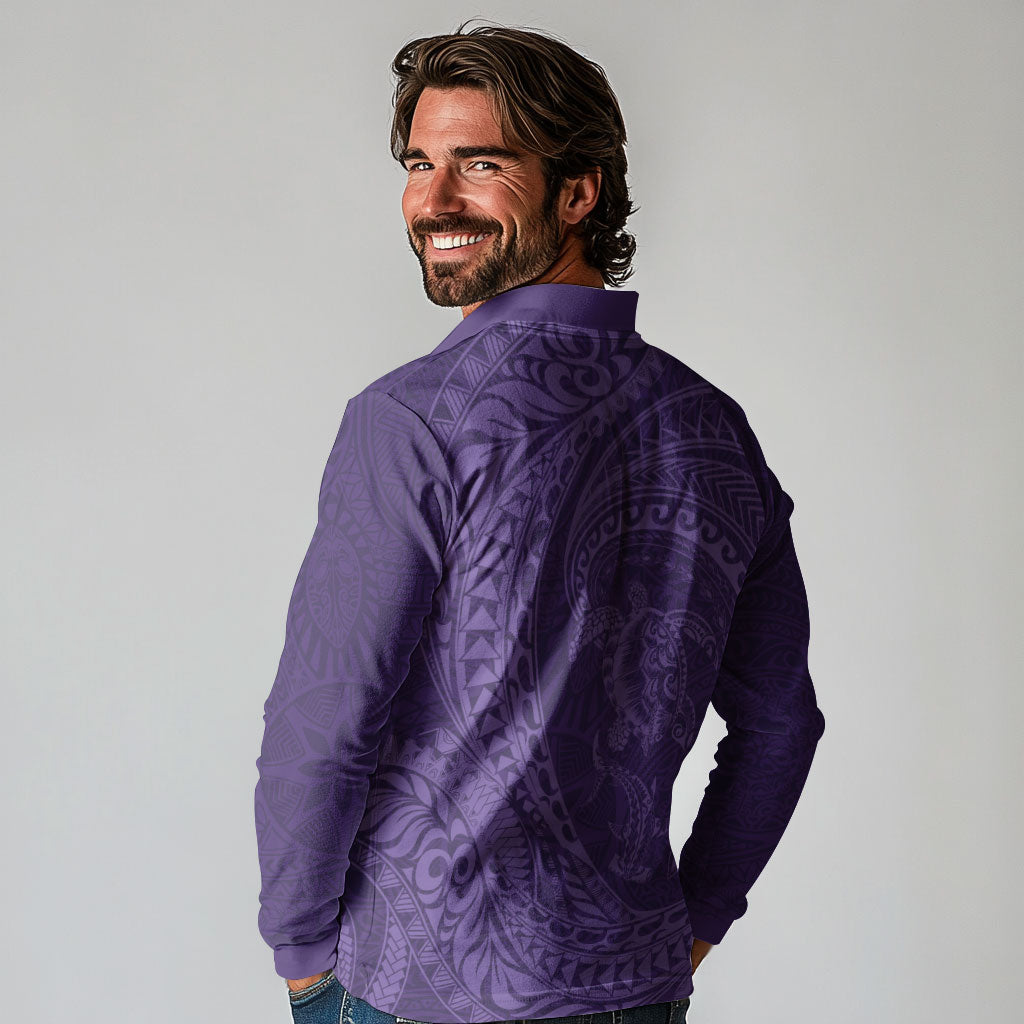 Hawaiian Turtle and Shark Long Sleeve Polo Shirt Kakau Tribal with Polynesian Pattern Purple Color
