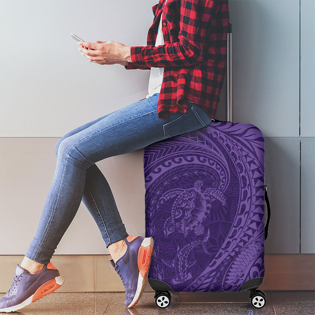 Hawaiian Turtle and Shark Luggage Cover Kakau Tribal with Polynesian Pattern Purple Color
