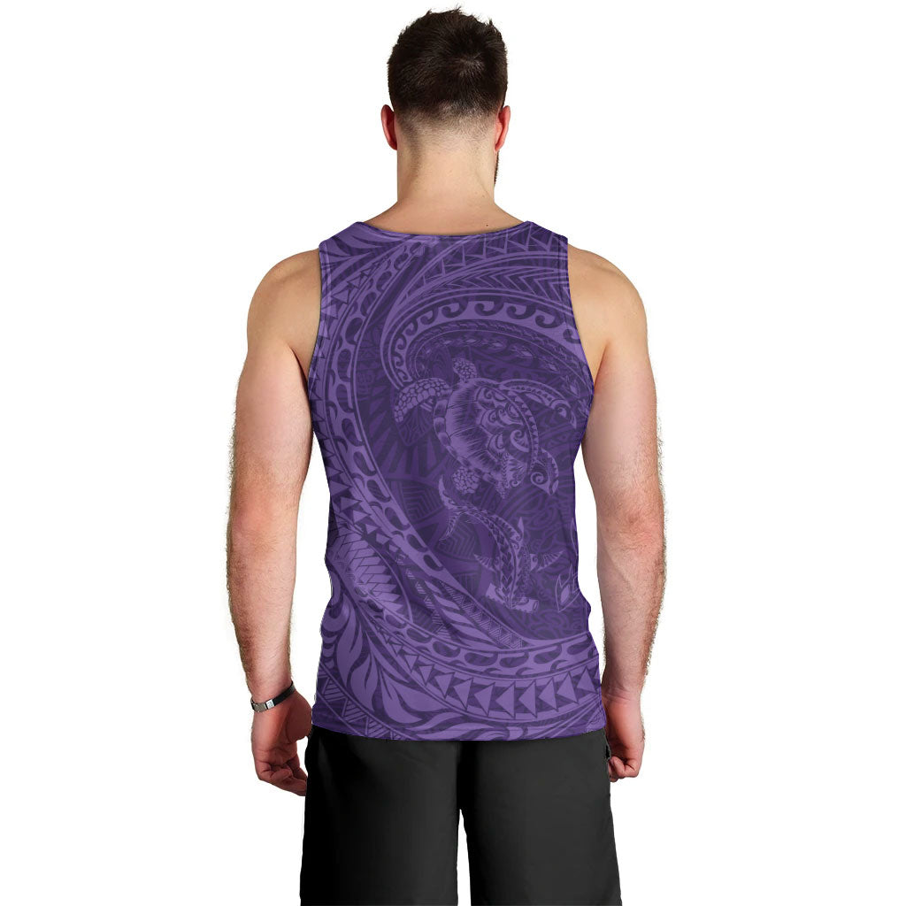 Hawaiian Turtle and Shark Men Tank Top Kakau Tribal with Polynesian Pattern Purple Color