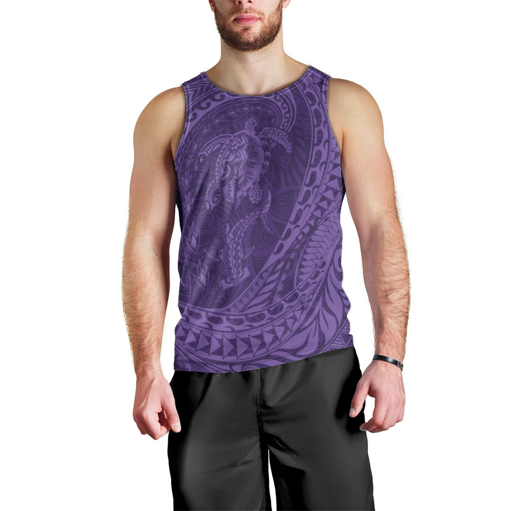 Hawaiian Turtle and Shark Men Tank Top Kakau Tribal with Polynesian Pattern Purple Color