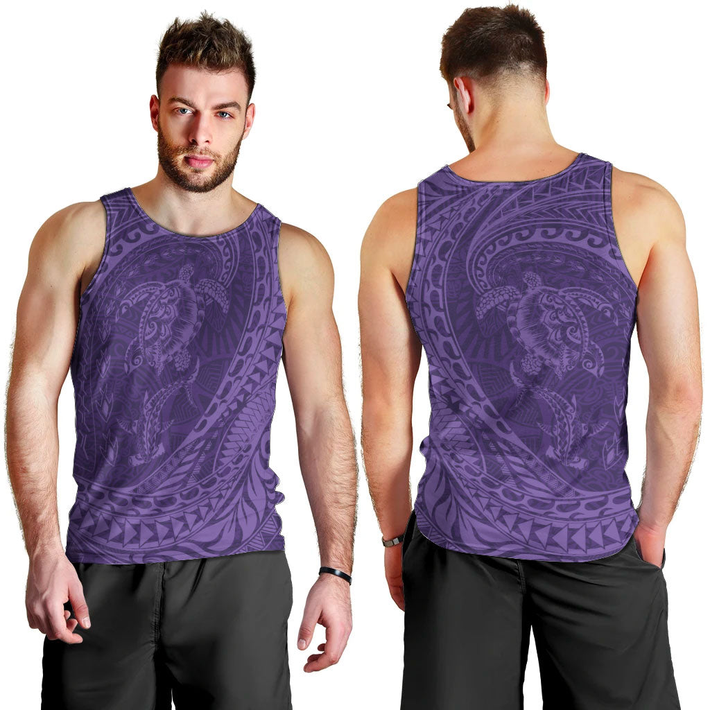 Hawaiian Turtle and Shark Men Tank Top Kakau Tribal with Polynesian Pattern Purple Color