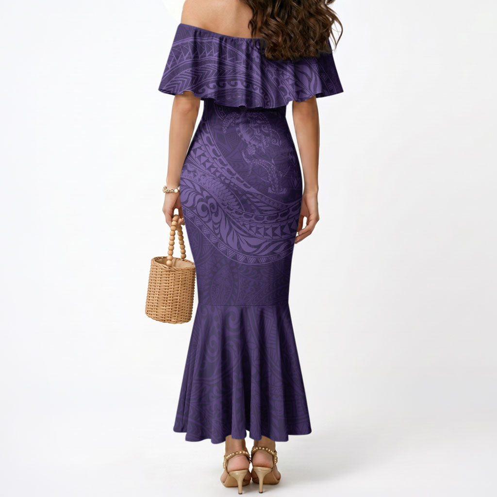 Hawaiian Turtle and Shark Mermaid Dress Kakau Tribal with Polynesian Pattern Purple Color