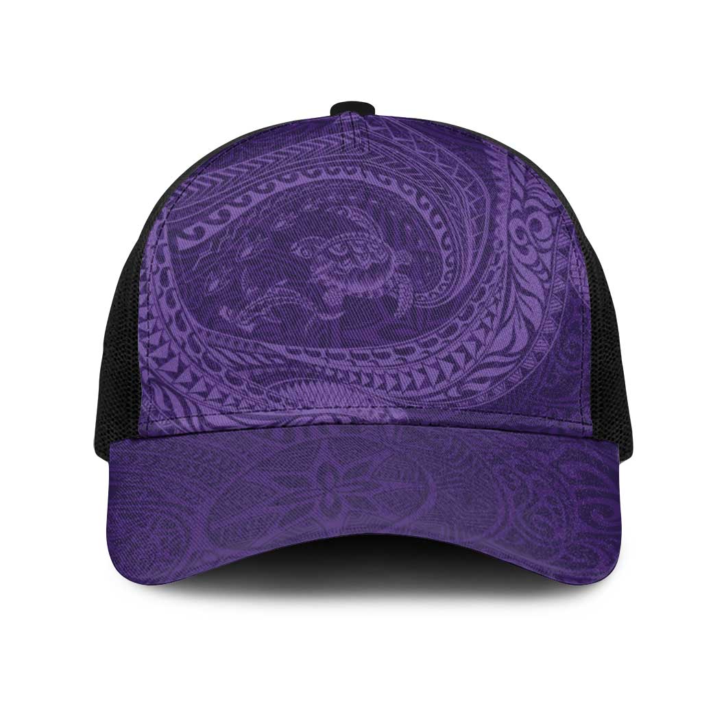 Hawaiian Turtle and Shark Mesh Trucker Cap Kakau Tribal with Polynesian Pattern Purple Color