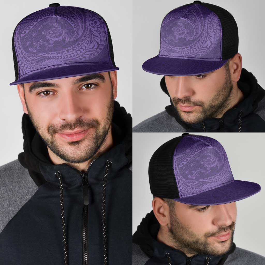 Hawaiian Turtle and Shark Mesh Trucker Cap Kakau Tribal with Polynesian Pattern Purple Color
