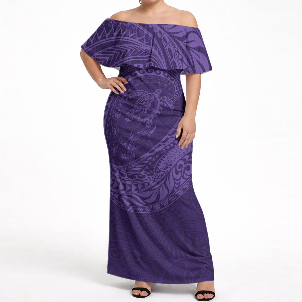 Hawaiian Turtle and Shark Off Shoulder Maxi Dress Kakau Tribal with Polynesian Pattern Purple Color