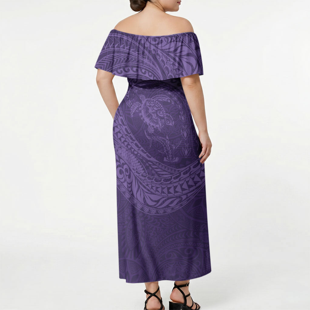 Hawaiian Turtle and Shark Off Shoulder Maxi Dress Kakau Tribal with Polynesian Pattern Purple Color