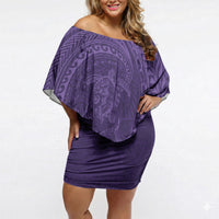 Hawaiian Turtle and Shark Off Shoulder Short Dress Kakau Tribal with Polynesian Pattern Purple Color