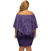 Hawaiian Turtle and Shark Off Shoulder Short Dress Kakau Tribal with Polynesian Pattern Purple Color