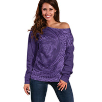 Hawaiian Turtle and Shark Off Shoulder Sweater Kakau Tribal with Polynesian Pattern Purple Color