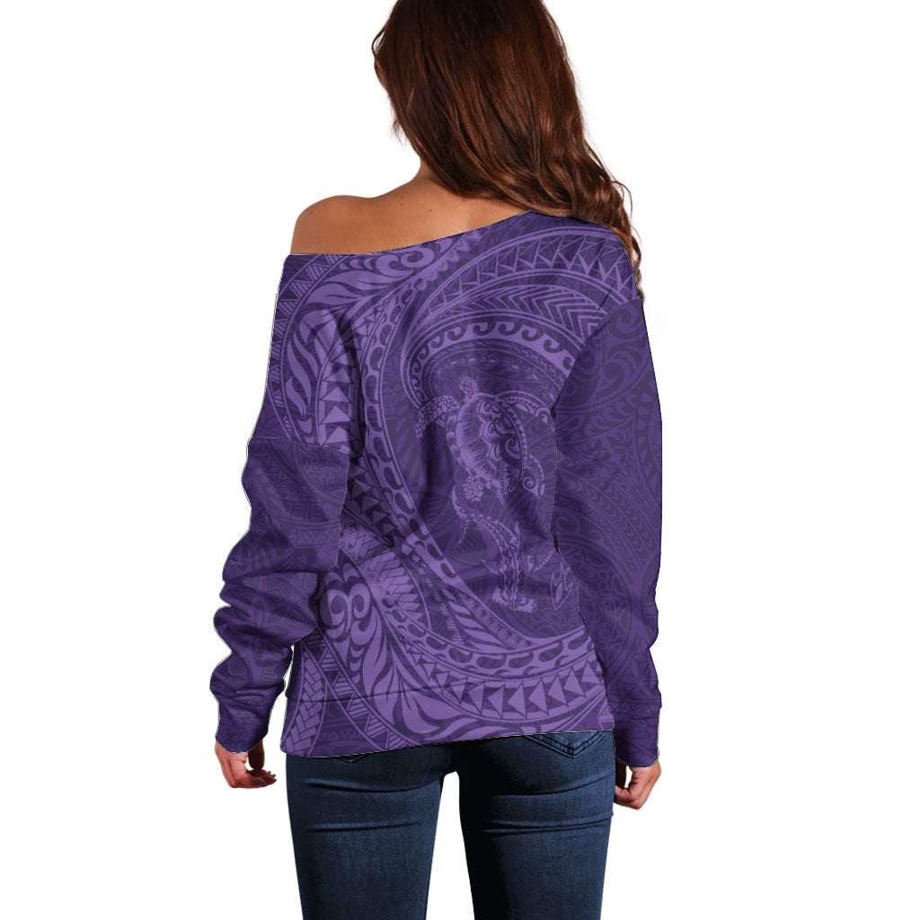 Hawaiian Turtle and Shark Off Shoulder Sweater Kakau Tribal with Polynesian Pattern Purple Color