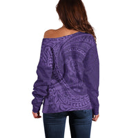 Hawaiian Turtle and Shark Off Shoulder Sweater Kakau Tribal with Polynesian Pattern Purple Color