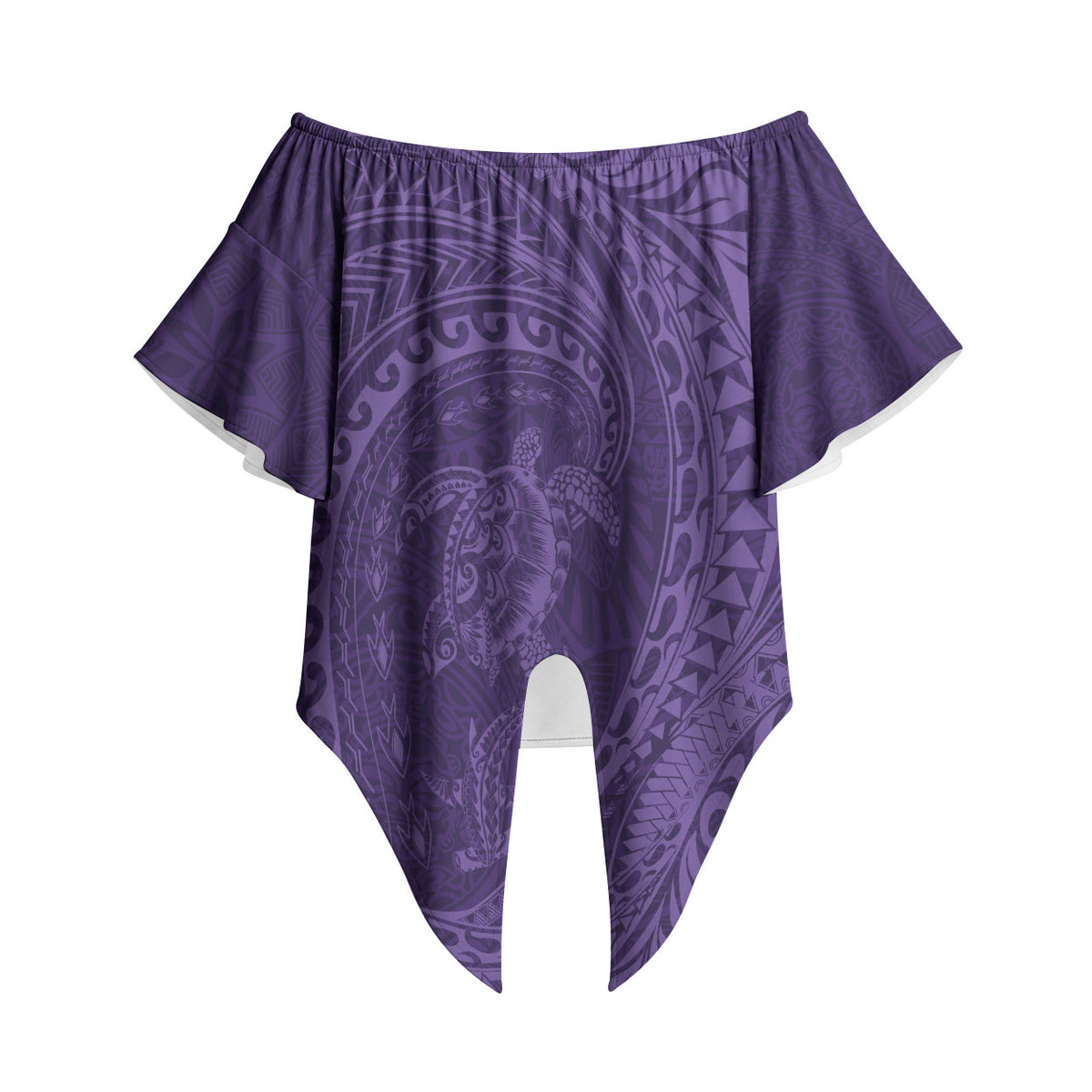 Hawaiian Turtle and Shark Off Shoulder Wrap Waist Top Kakau Tribal with Polynesian Pattern Purple Color