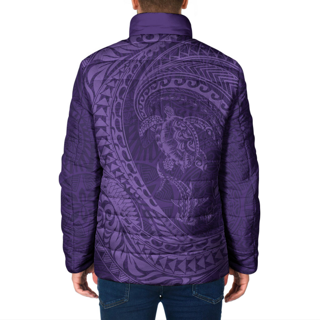 Hawaiian Turtle and Shark Padded Jacket Kakau Tribal with Polynesian Pattern Purple Color