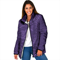 Hawaiian Turtle and Shark Padded Jacket Kakau Tribal with Polynesian Pattern Purple Color