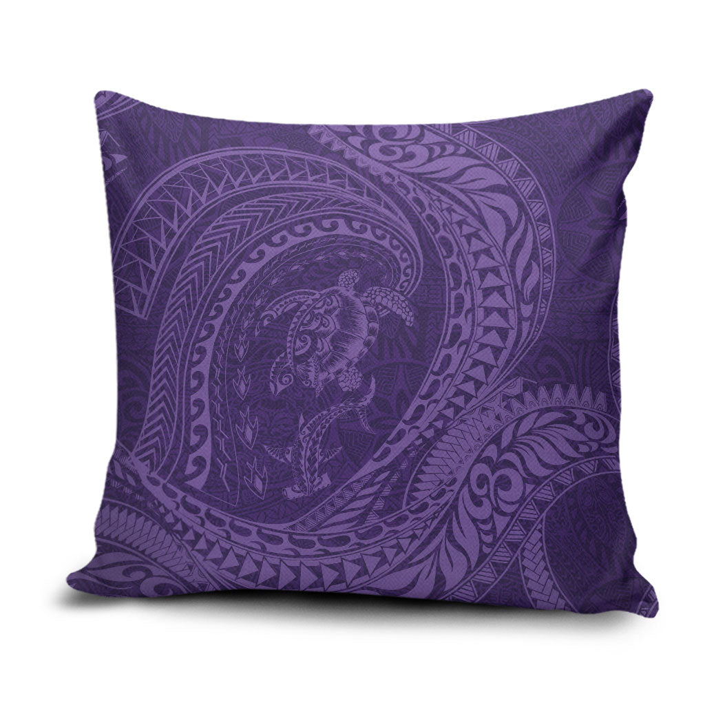 Hawaiian Turtle and Shark Pillow Cover Kakau Tribal with Polynesian Pattern Purple Color