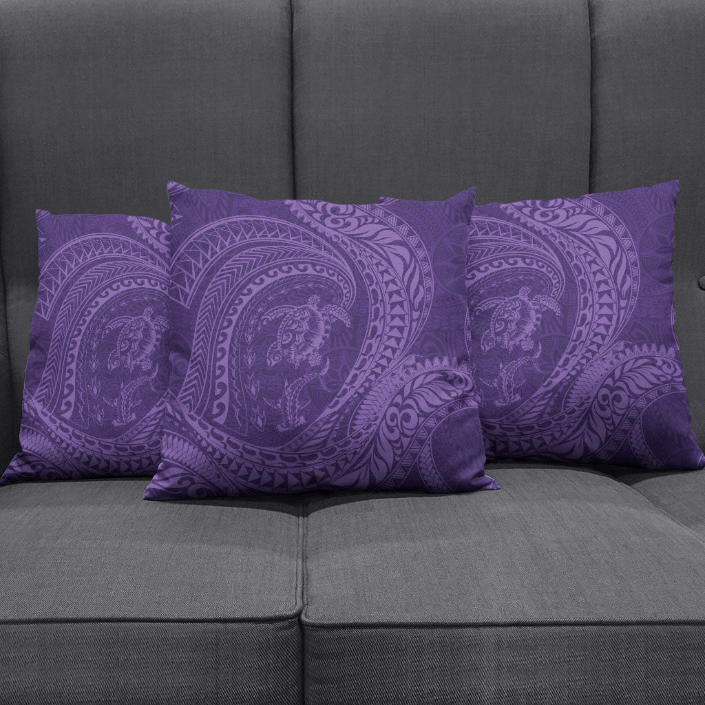 Hawaiian Turtle and Shark Pillow Cover Kakau Tribal with Polynesian Pattern Purple Color