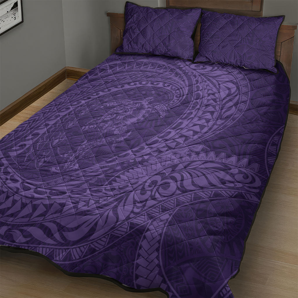Hawaiian Turtle and Shark Quilt Bed Set Kakau Tribal with Polynesian Pattern Purple Color