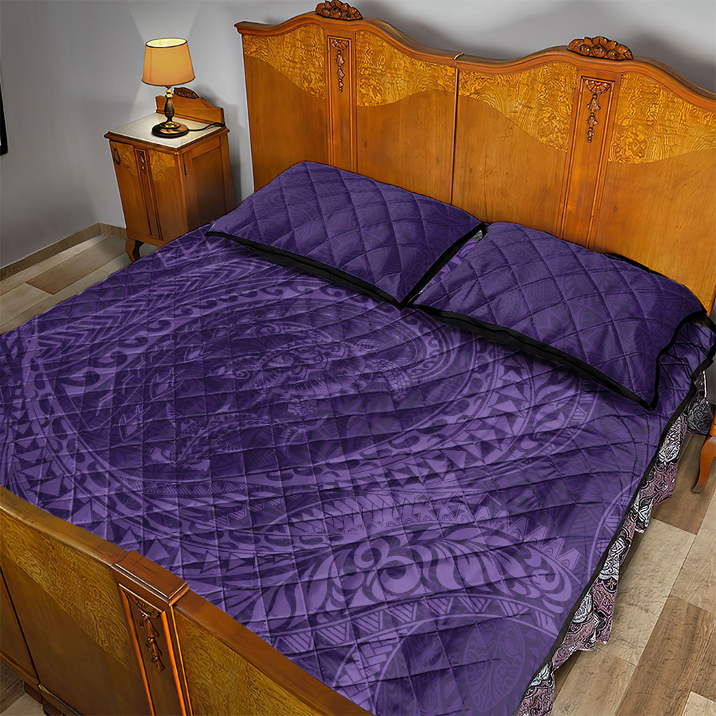 Hawaiian Turtle and Shark Quilt Bed Set Kakau Tribal with Polynesian Pattern Purple Color