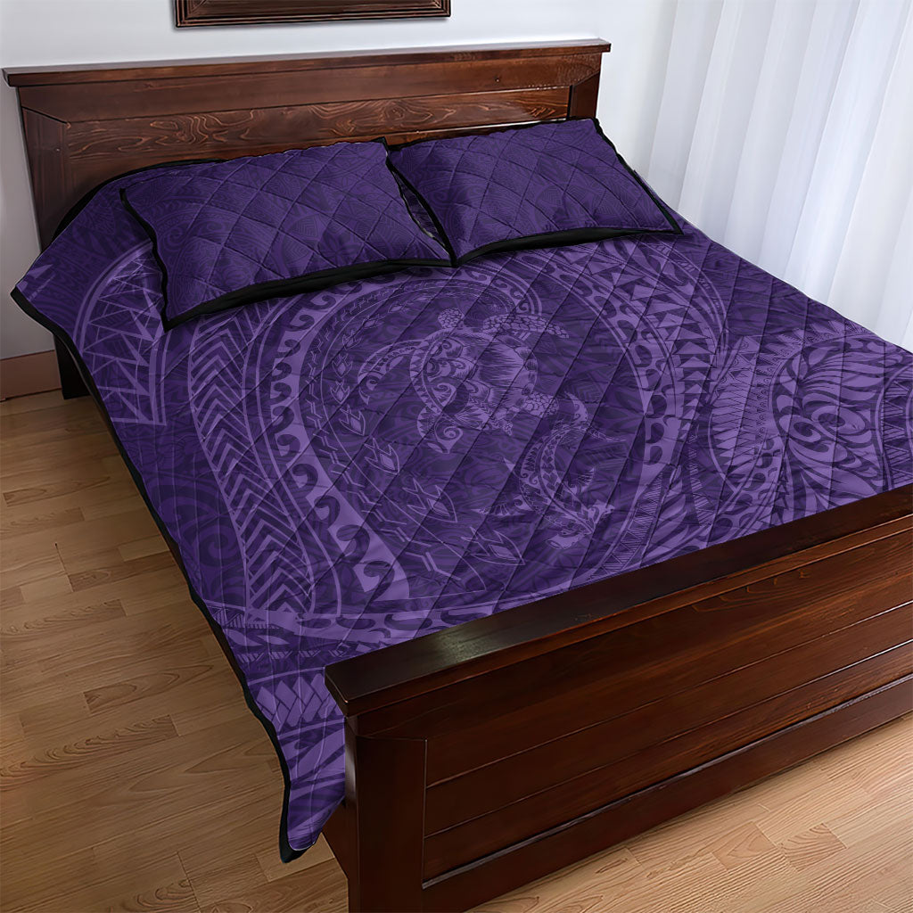 Hawaiian Turtle and Shark Quilt Bed Set Kakau Tribal with Polynesian Pattern Purple Color