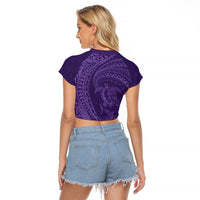 Hawaiian Turtle and Shark Raglan Cropped T Shirt Kakau Tribal with Polynesian Pattern Purple Color