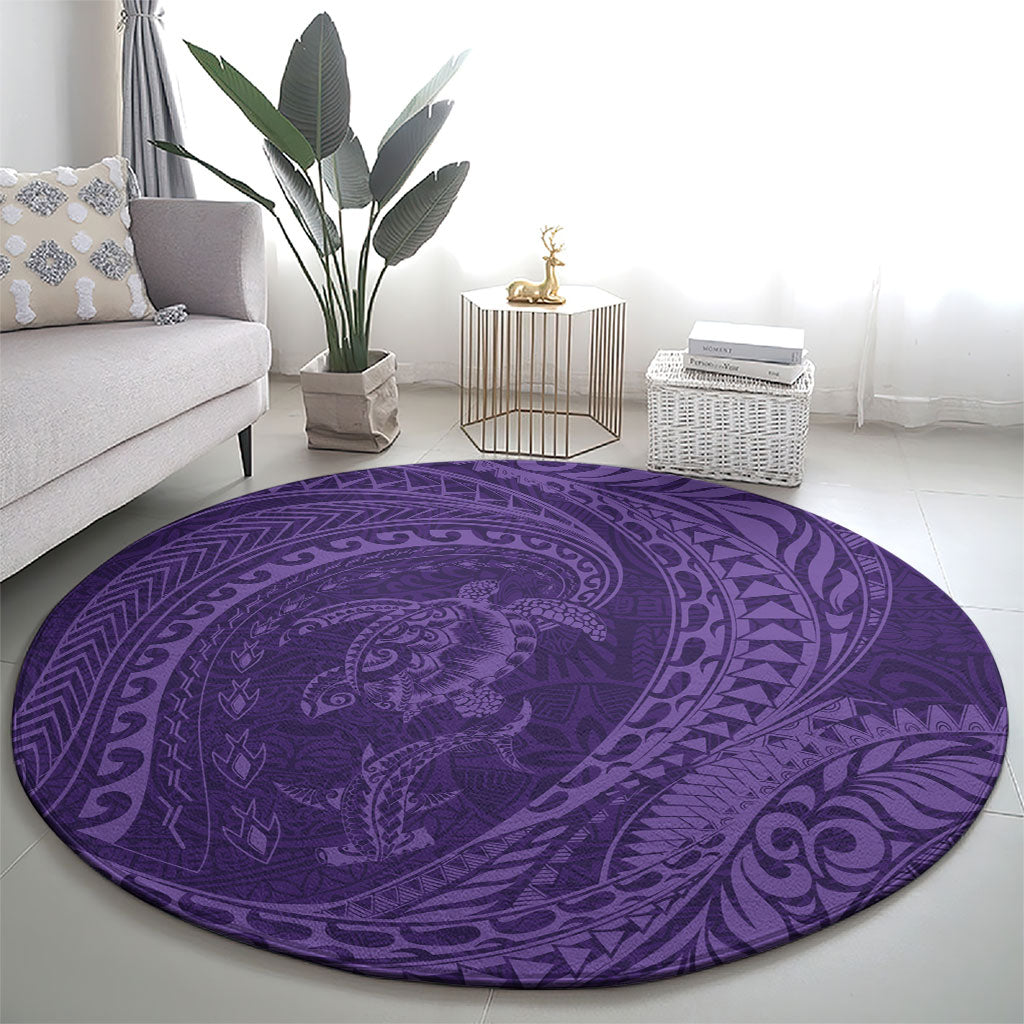 Hawaiian Turtle and Shark Round Carpet Kakau Tribal with Polynesian Pattern Purple Color