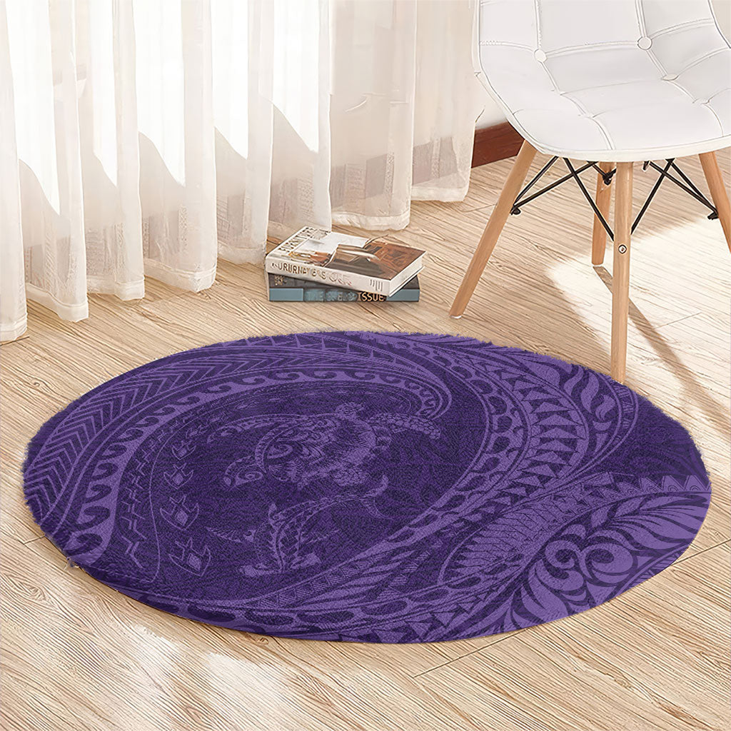 Hawaiian Turtle and Shark Round Carpet Kakau Tribal with Polynesian Pattern Purple Color