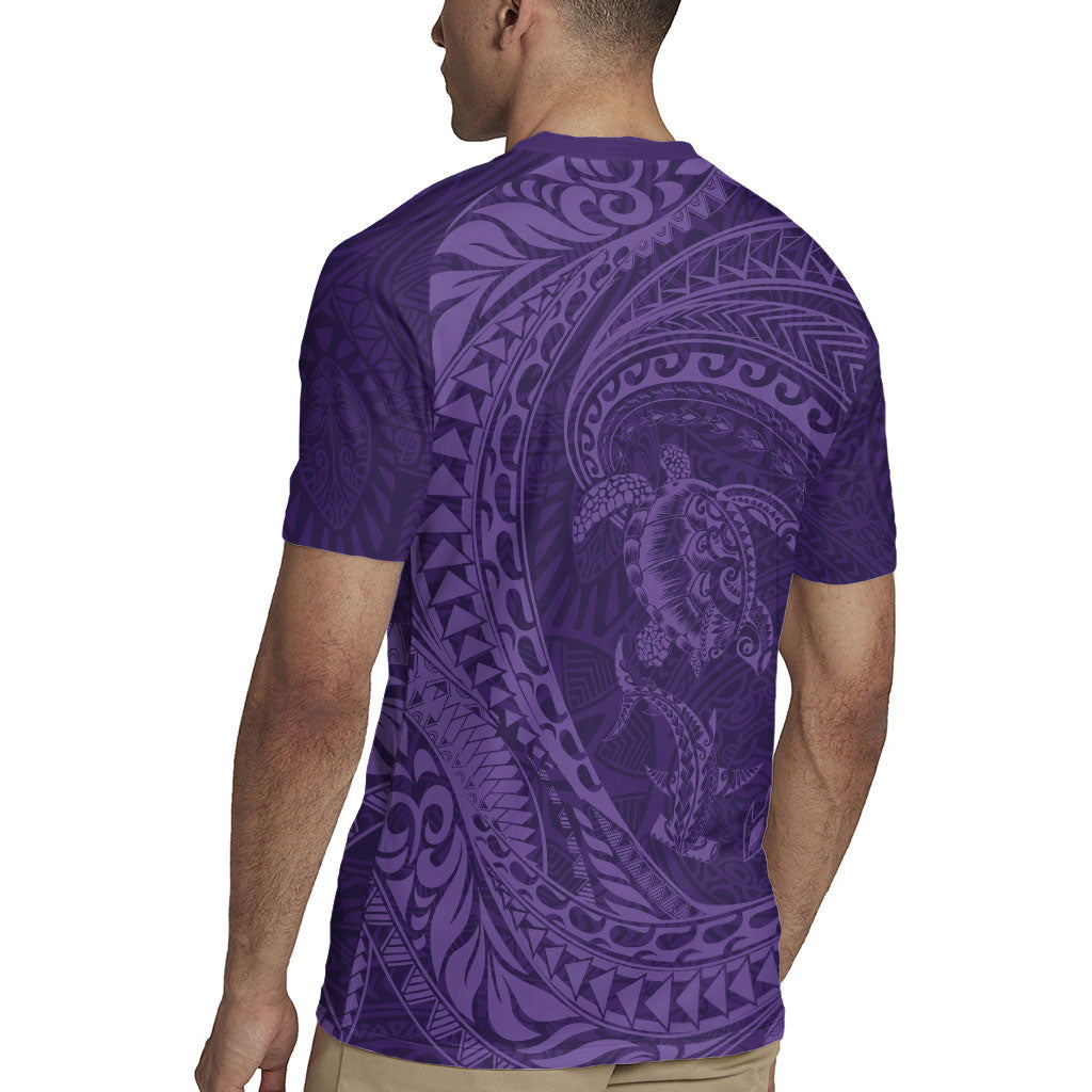 Hawaiian Turtle and Shark Rugby Jersey Kakau Tribal with Polynesian Pattern Purple Color