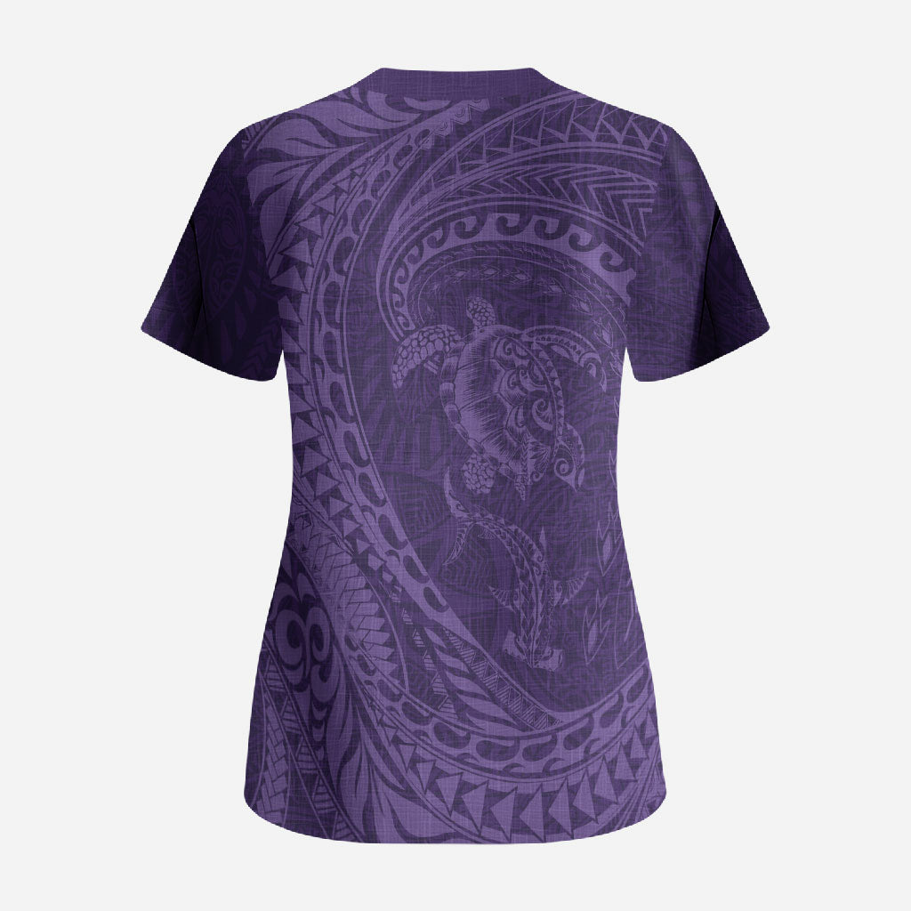 Hawaiian Turtle and Shark Scrub Top Kakau Tribal with Polynesian Pattern Purple Color