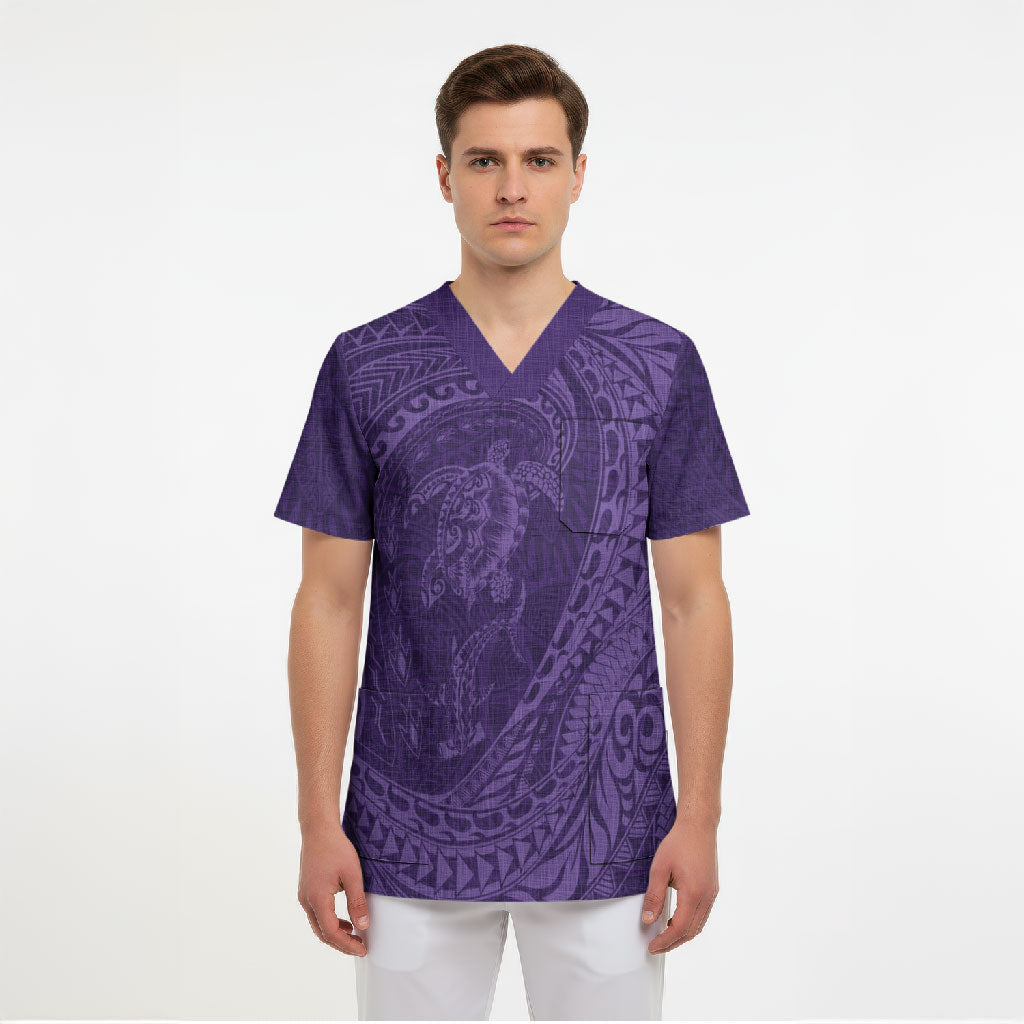 Hawaiian Turtle and Shark Scrub Top Kakau Tribal with Polynesian Pattern Purple Color