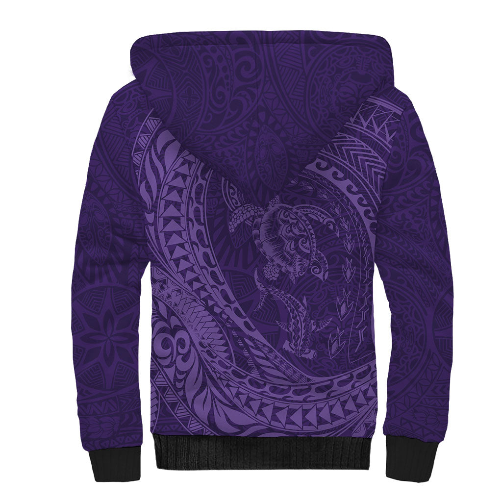 Hawaiian Turtle and Shark Sherpa Hoodie Kakau Tribal with Polynesian Pattern Purple Color