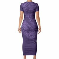 Hawaiian Turtle and Shark Short Sleeve Bodycon Dress Kakau Tribal with Polynesian Pattern Purple Color