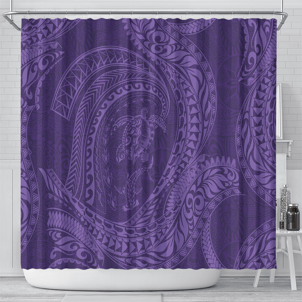 Hawaiian Turtle and Shark Shower Curtain Kakau Tribal with Polynesian Pattern Purple Color