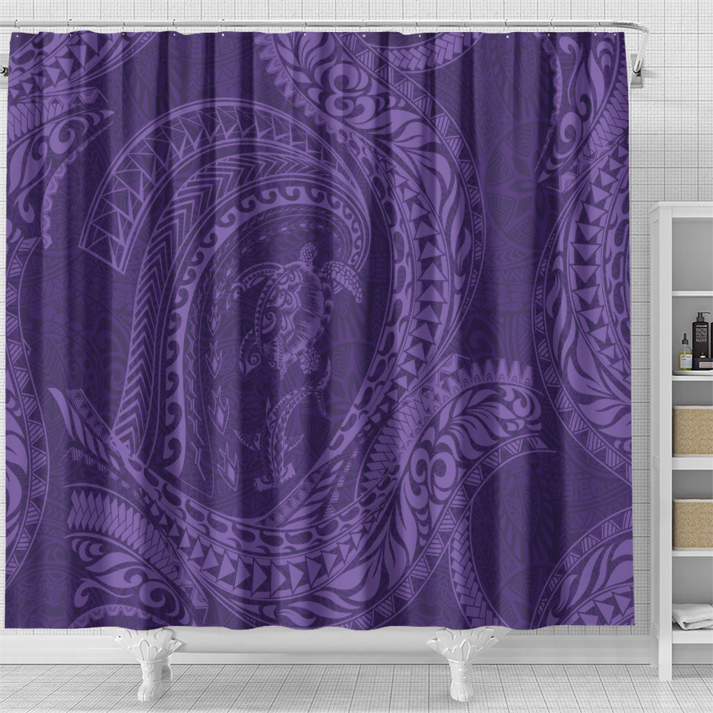 Hawaiian Turtle and Shark Shower Curtain Kakau Tribal with Polynesian Pattern Purple Color