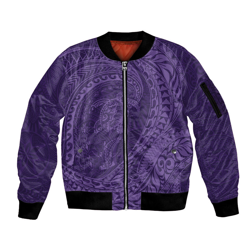 Hawaiian Turtle and Shark Sleeve Zip Bomber Jacket Kakau Tribal with Polynesian Pattern Purple Color