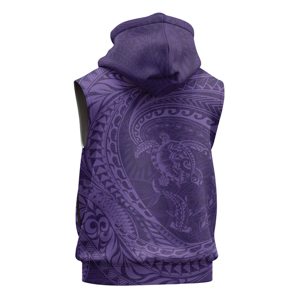 Hawaiian Turtle and Shark Sleeveless Hoodie Kakau Tribal with Polynesian Pattern Purple Color