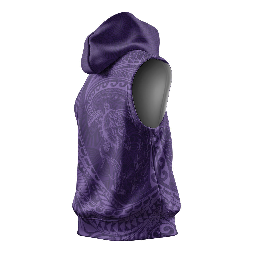 Hawaiian Turtle and Shark Sleeveless Hoodie Kakau Tribal with Polynesian Pattern Purple Color