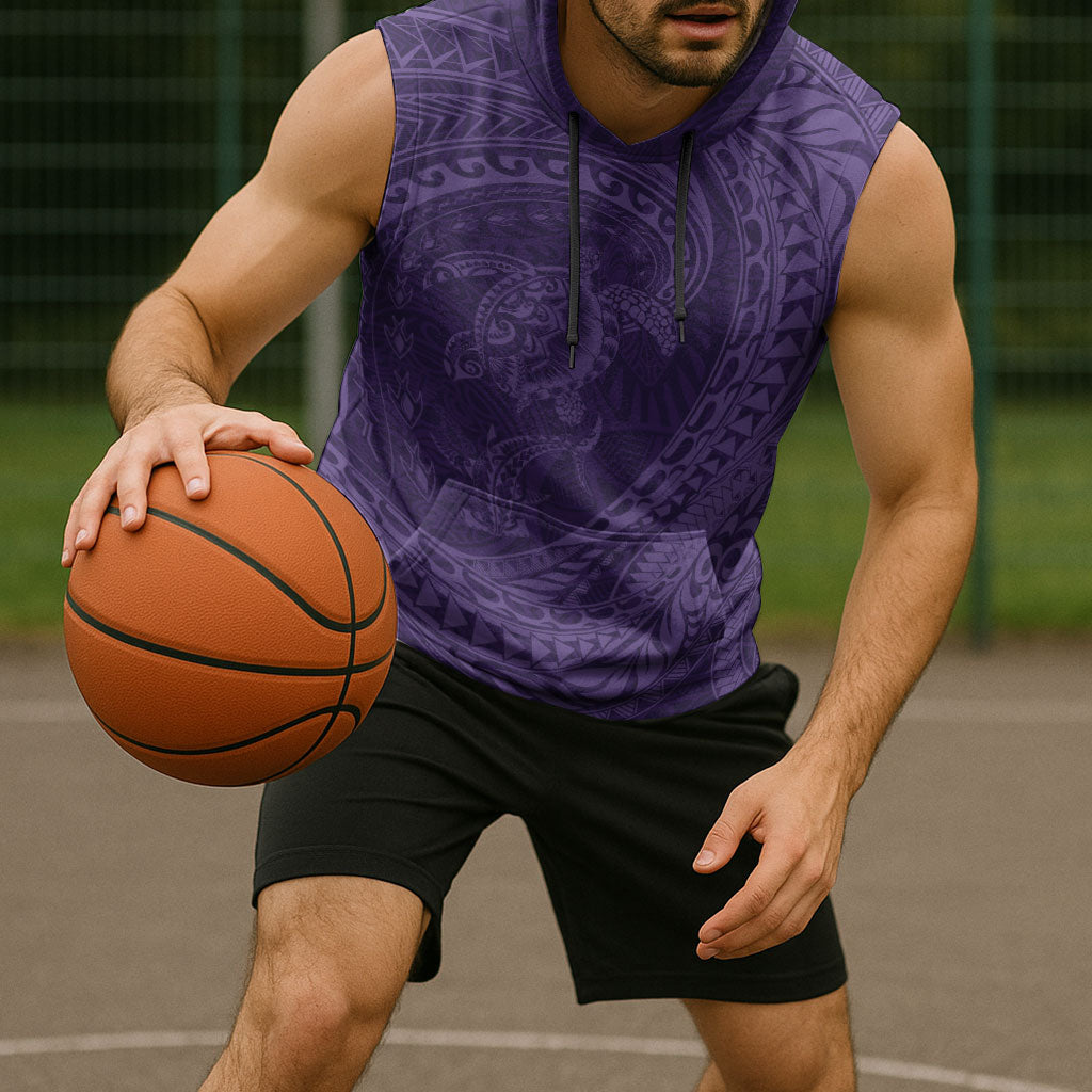 Hawaiian Turtle and Shark Sleeveless Hoodie Kakau Tribal with Polynesian Pattern Purple Color