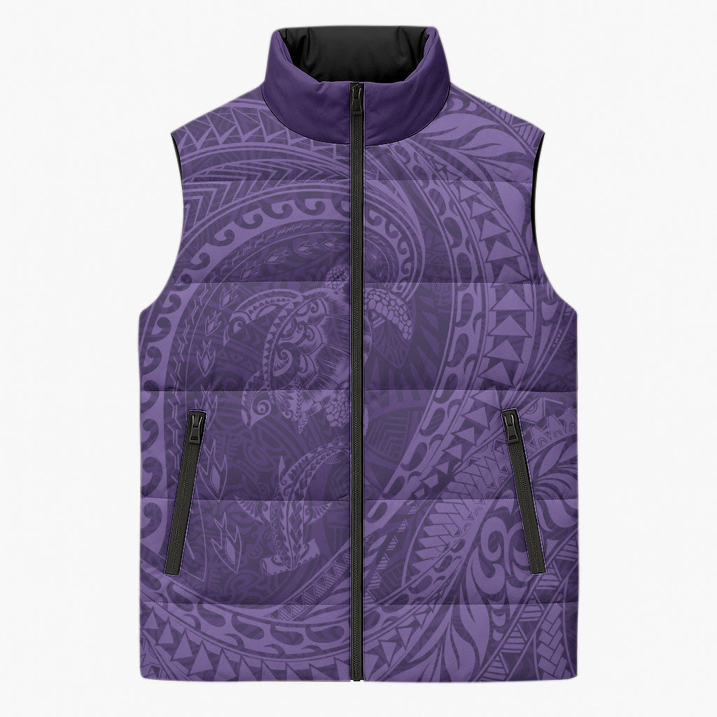 Hawaiian Turtle and Shark Sleeveless Puffer Jacket Kakau Tribal with Polynesian Pattern Purple Color