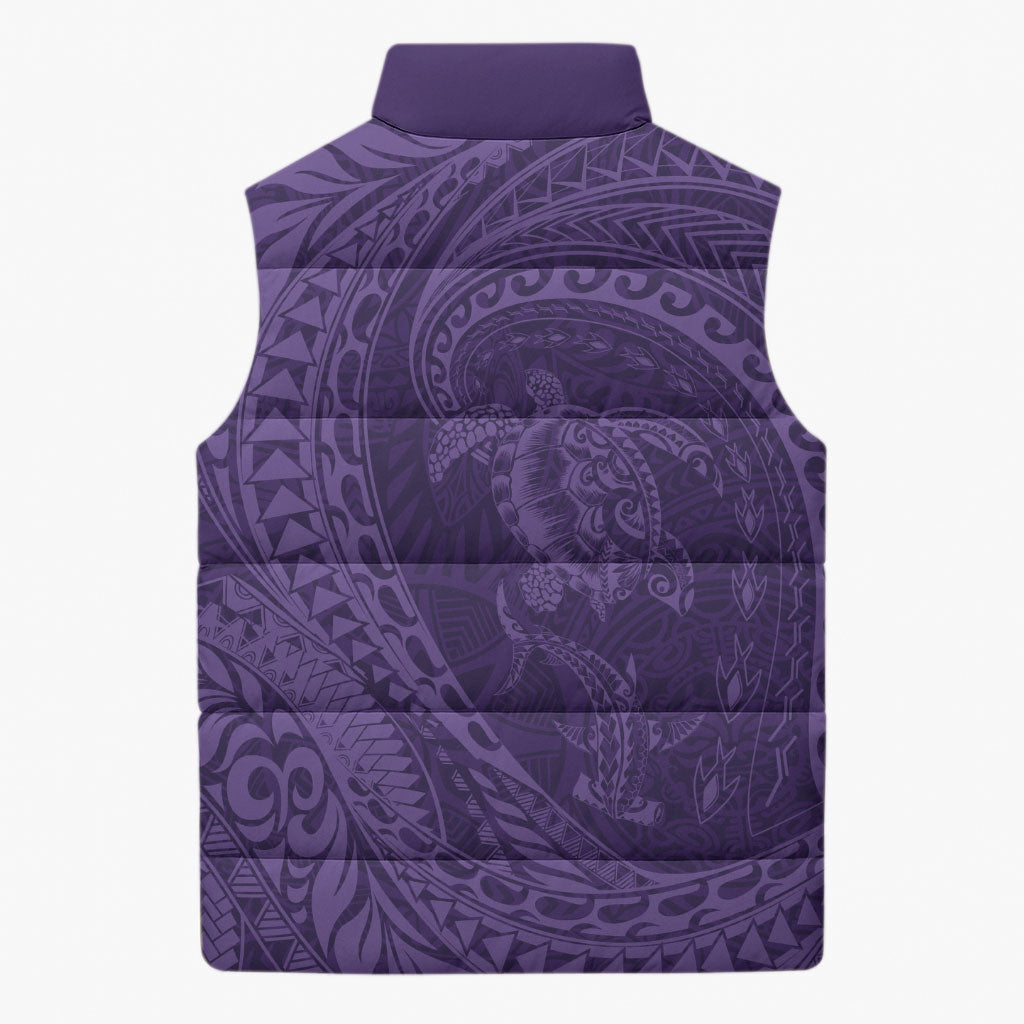 Hawaiian Turtle and Shark Sleeveless Puffer Jacket Kakau Tribal with Polynesian Pattern Purple Color