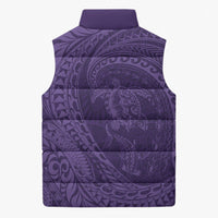 Hawaiian Turtle and Shark Sleeveless Puffer Jacket Kakau Tribal with Polynesian Pattern Purple Color