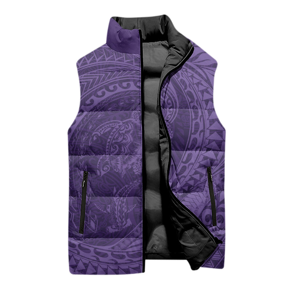 Hawaiian Turtle and Shark Sleeveless Puffer Jacket Kakau Tribal with Polynesian Pattern Purple Color