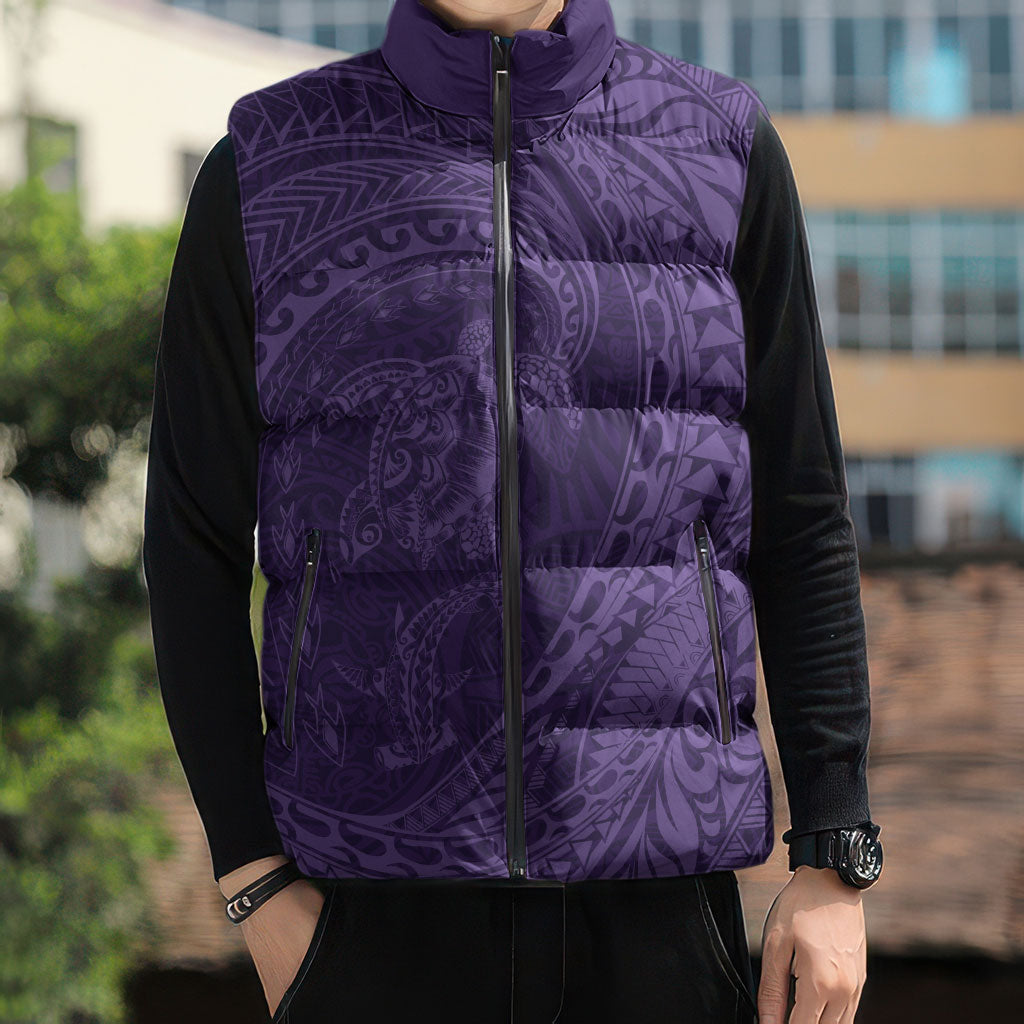Hawaiian Turtle and Shark Sleeveless Puffer Jacket Kakau Tribal with Polynesian Pattern Purple Color