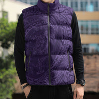 Hawaiian Turtle and Shark Sleeveless Puffer Jacket Kakau Tribal with Polynesian Pattern Purple Color