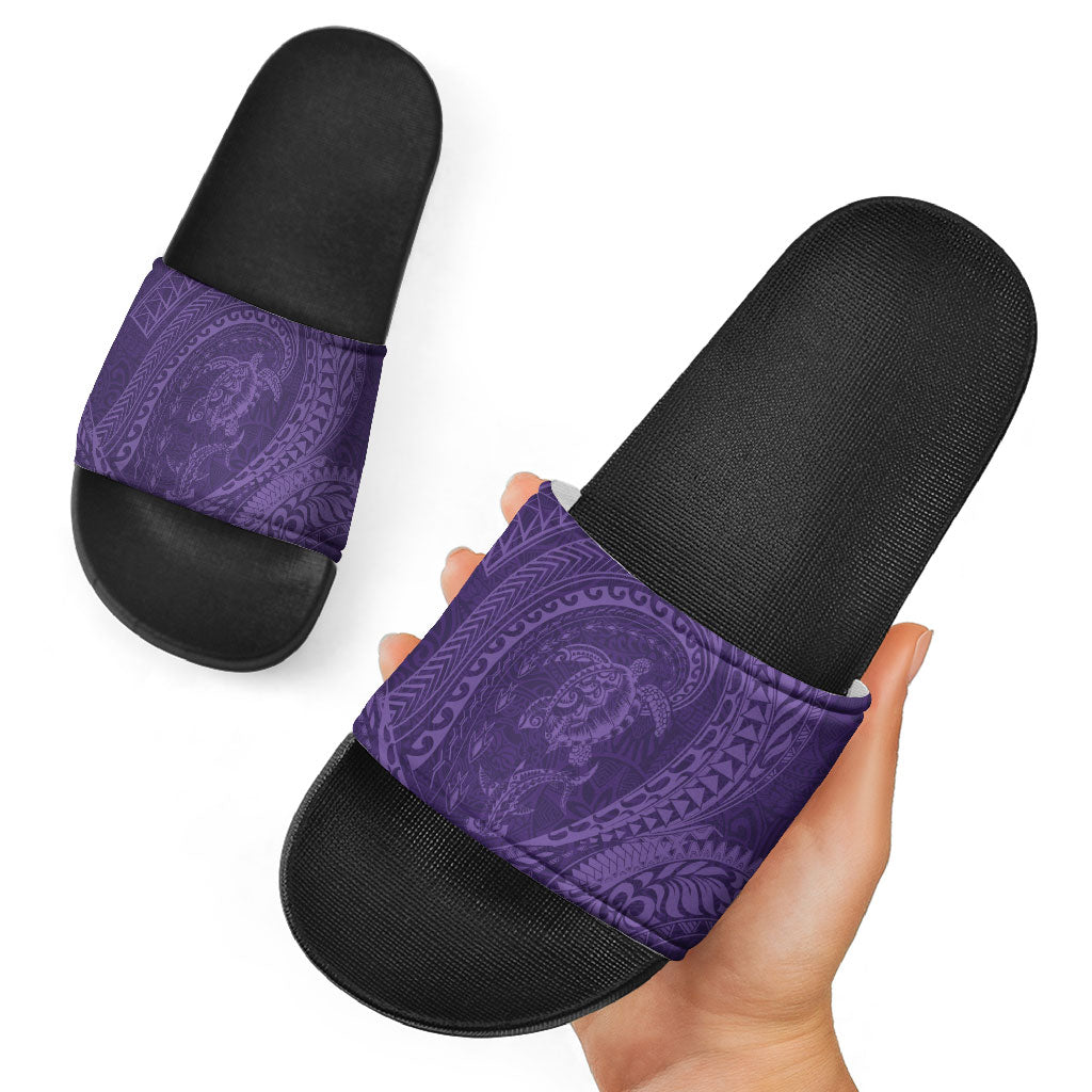 Hawaiian Turtle and Shark Slide Sandals Kakau Tribal with Polynesian Pattern Purple Color