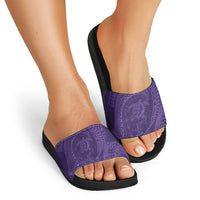Hawaiian Turtle and Shark Slide Sandals Kakau Tribal with Polynesian Pattern Purple Color