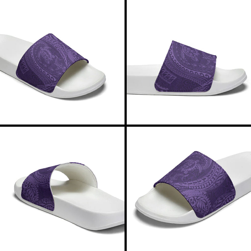 Hawaiian Turtle and Shark Slide Sandals Kakau Tribal with Polynesian Pattern Purple Color