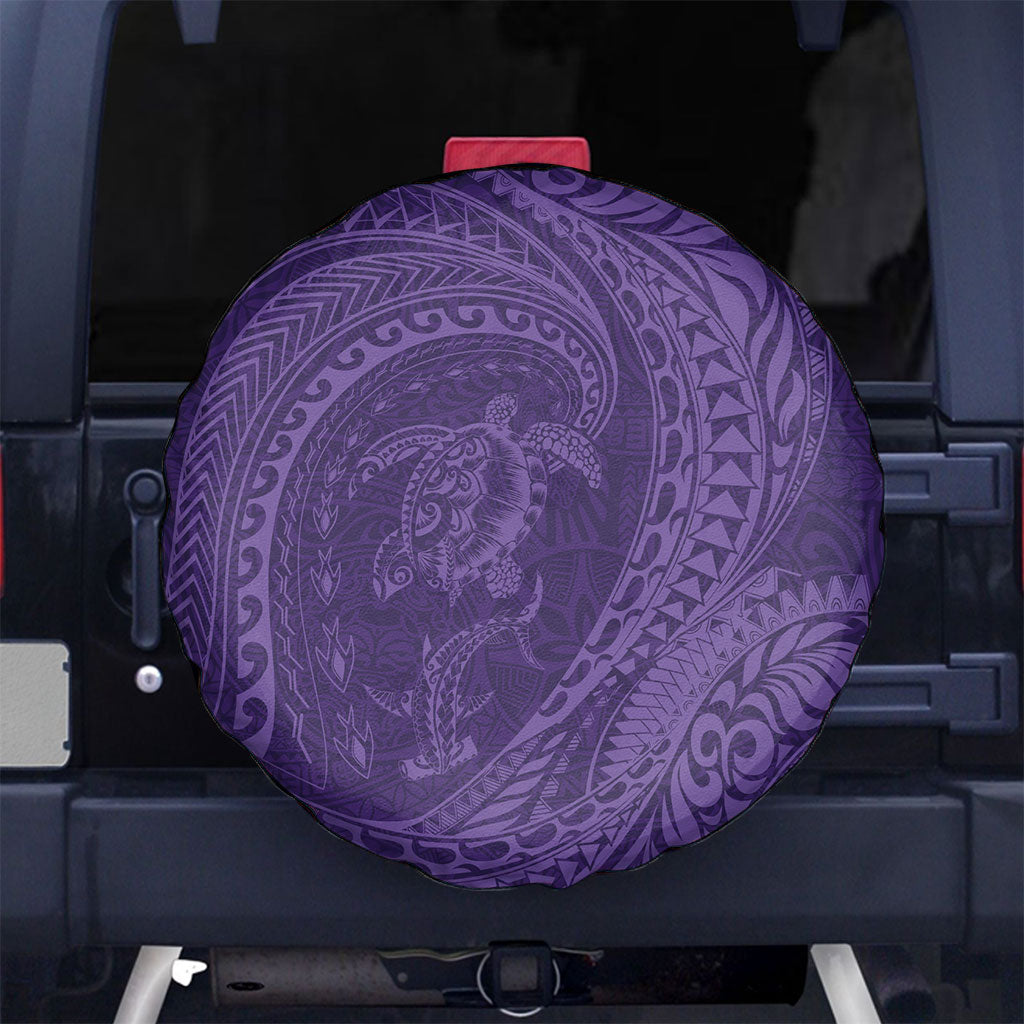 Hawaiian Turtle and Shark Spare Tire Cover Kakau Tribal with Polynesian Pattern Purple Color